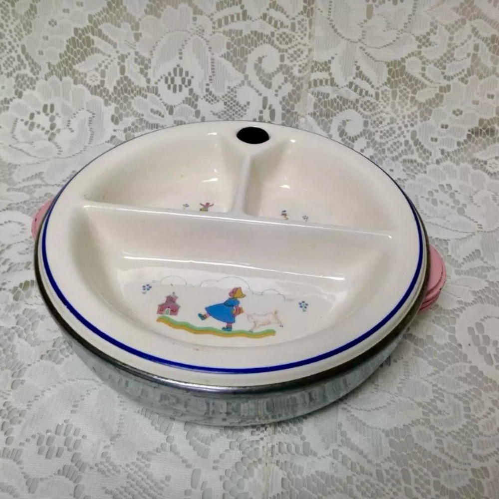 Vintage, Bartsch Mfg. Co., Bopeep - Jack and Jill Chrome Infant Dish with Warmer